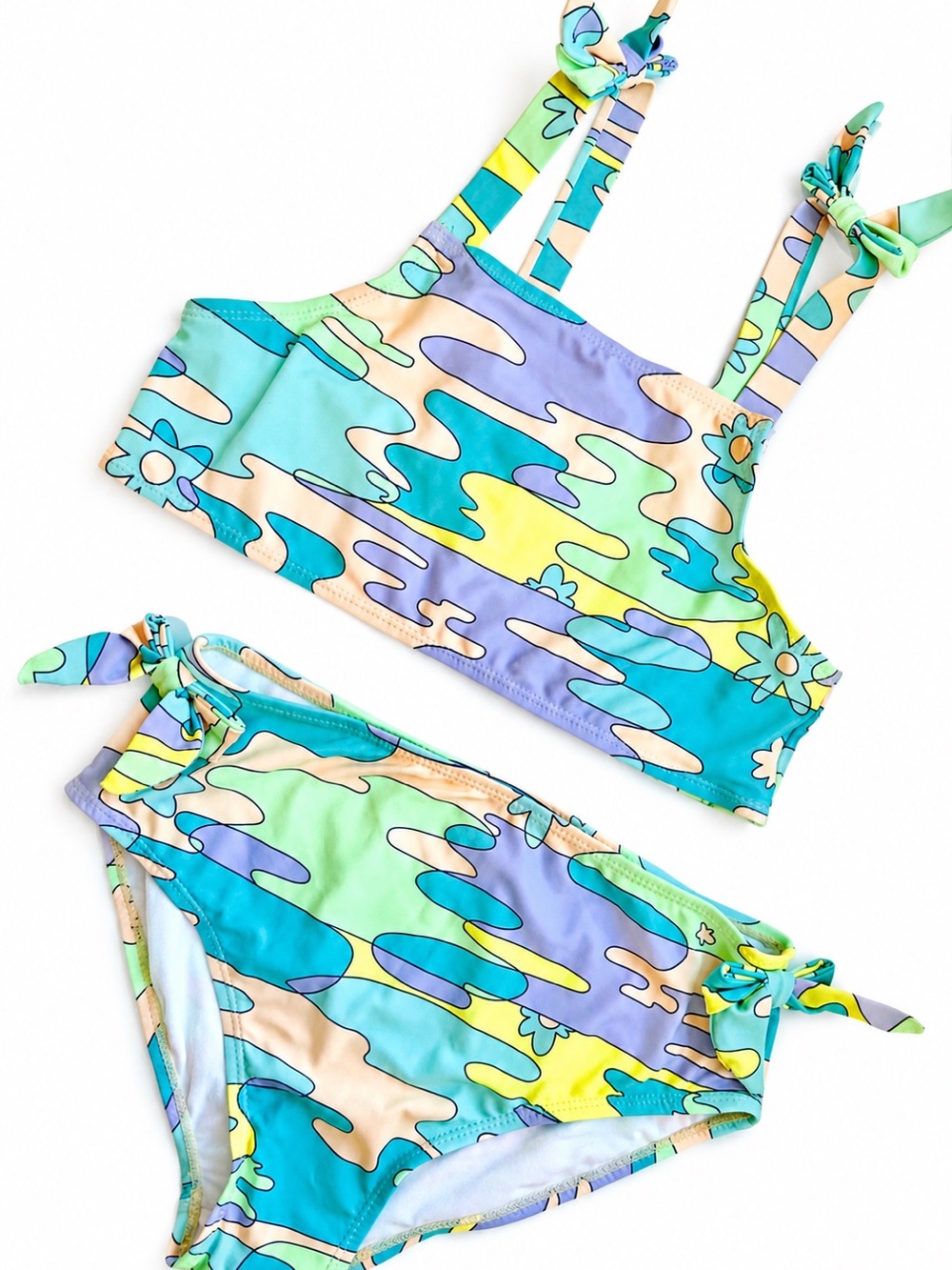 Cotton On Girls' Swim Bikini Size 13-14 Teal Yellow Retro floral full coverage